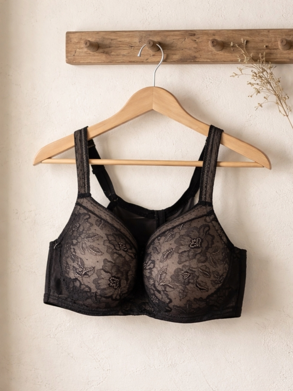 Cacique Black Lace Full Coverage Bra with Floral Overlay